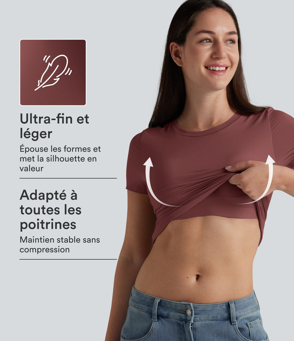 T-shirt décontracté col rond échancré à manches courtes avec soutien-gorge intégré bonnets B-DD
