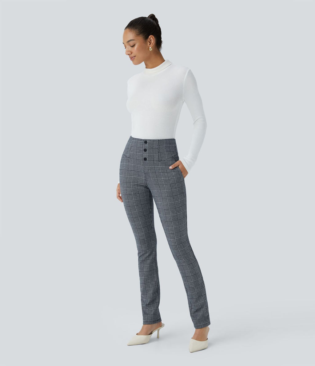 Halara Flex™ Pantalon tailleur Cintrés à Taille Haute avec Boutons Décoratifs Poches Latérales et Imprimé Pied-de-Poule