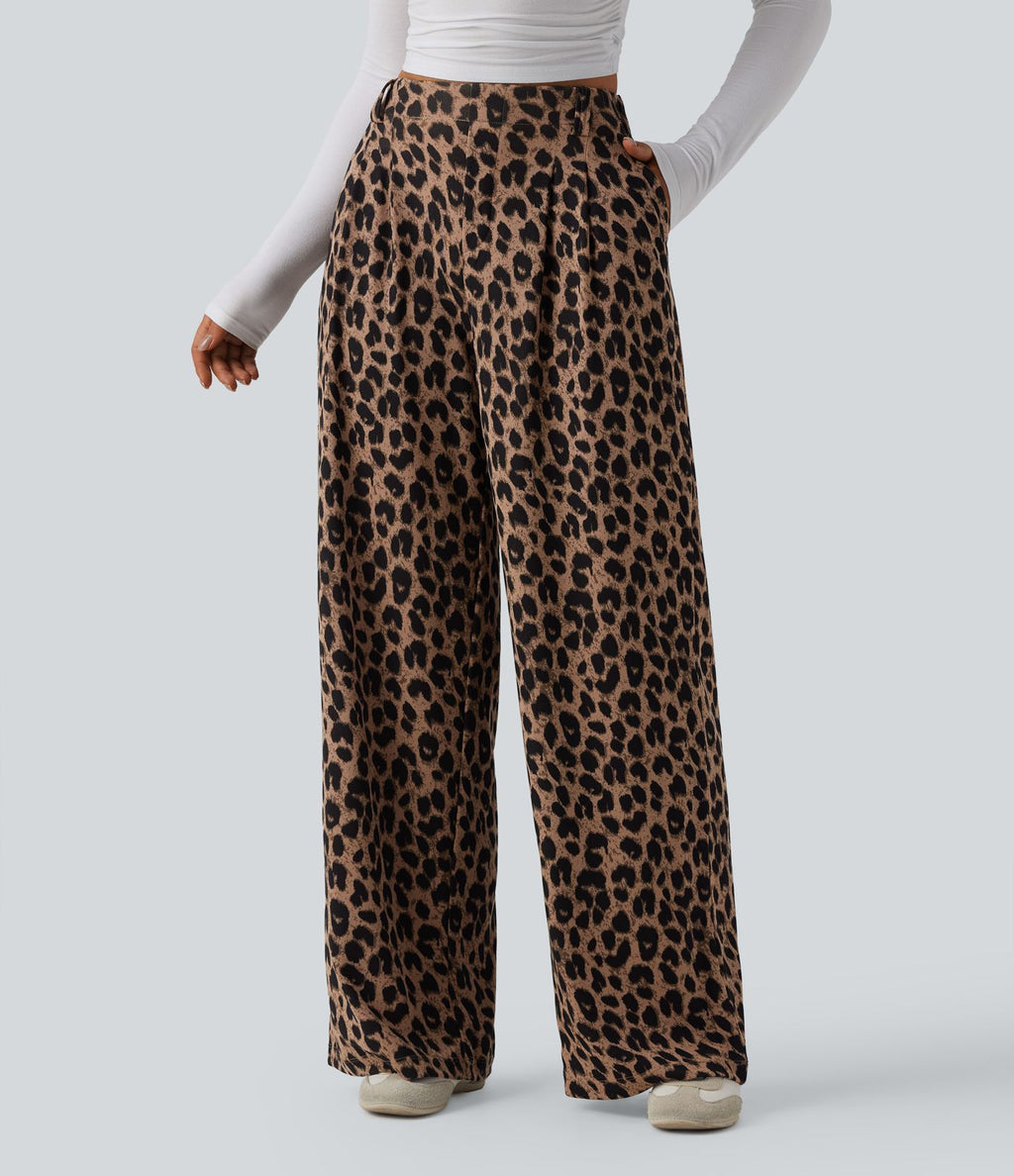Pantalon large décontracté taille haute imprimé léopard en tissu gaufré avec poches