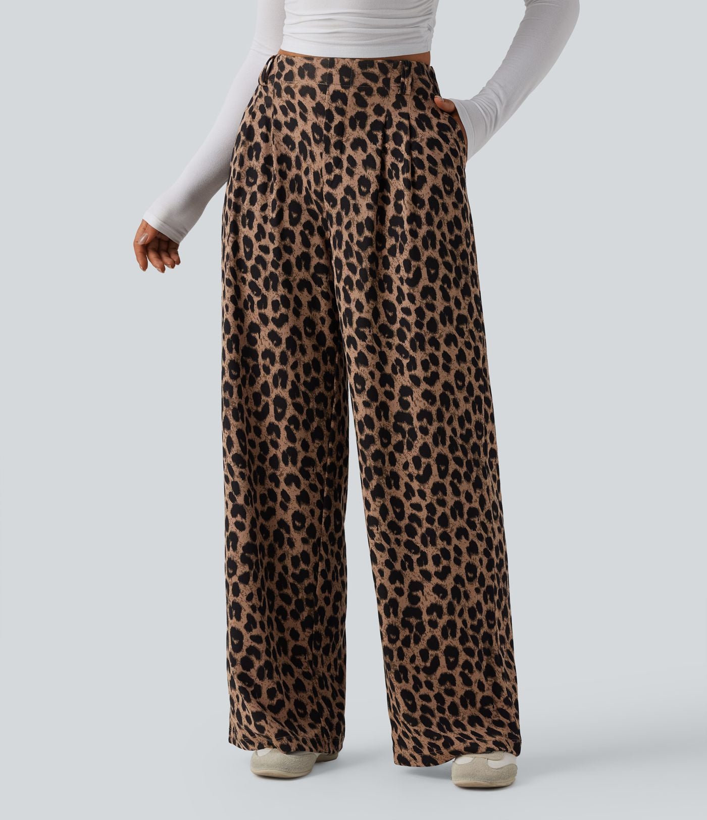 Pantalon large décontracté taille haute imprimé léopard en tissu gaufré avec poches