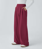 Pantalon taille haute décontracté large en maille gaufrée, avec poches