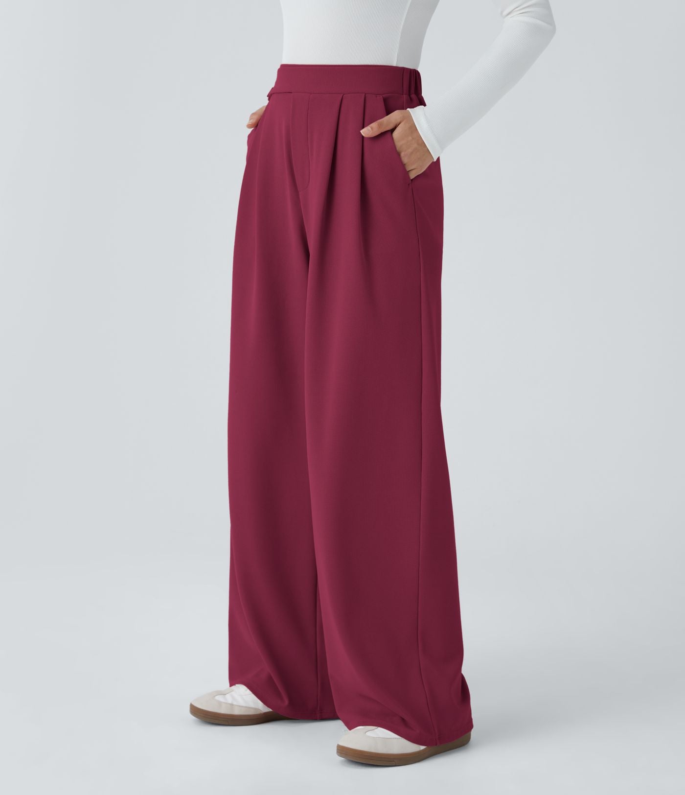 Pantalon taille haute décontracté large en maille gaufrée, avec poches