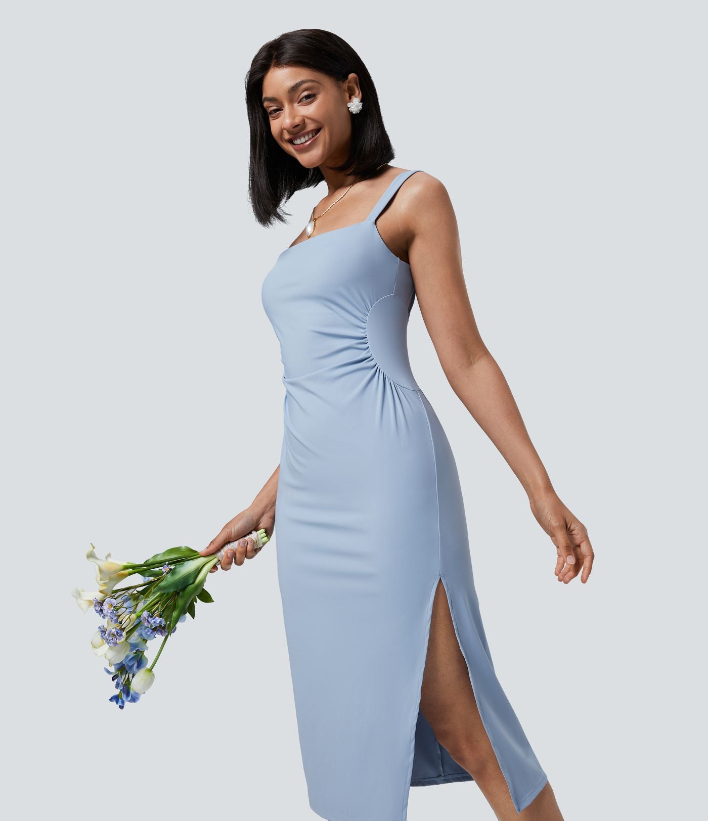 Softlyzero™ Airy Robe Demoiselle d'Honneur Invitée de Mariage Col Carré Plissée et Fendue Toucher Frais Grande Taille