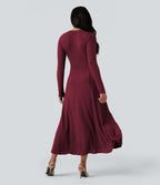 Robe longue fluide maille côtelée col henley manches longues