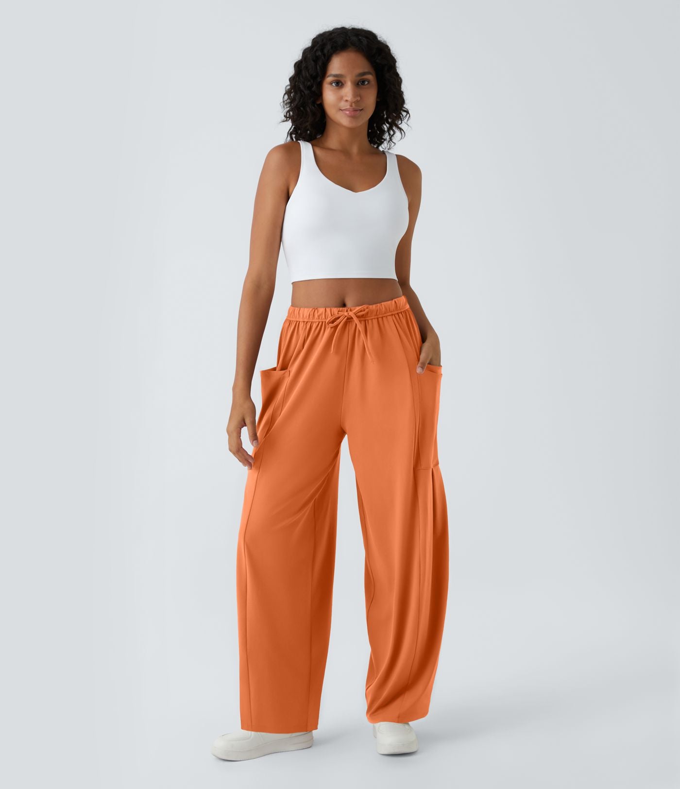 Pantalon Large Fluide Taille Mi-Haute Taille Élastique Cordon Poches Latérales Ourlet Flottant