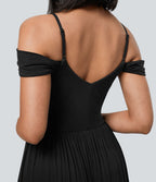 Robe Maxi Fluide Épaules Dénudées avec Poches Latérales Ourlet Fendu Tissu Côtelé Demoiselles d'Honneur et Invités de Mariage