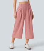 Pantalon décontracté palazzo capri uni effet lin, taille haute, large, avec poches