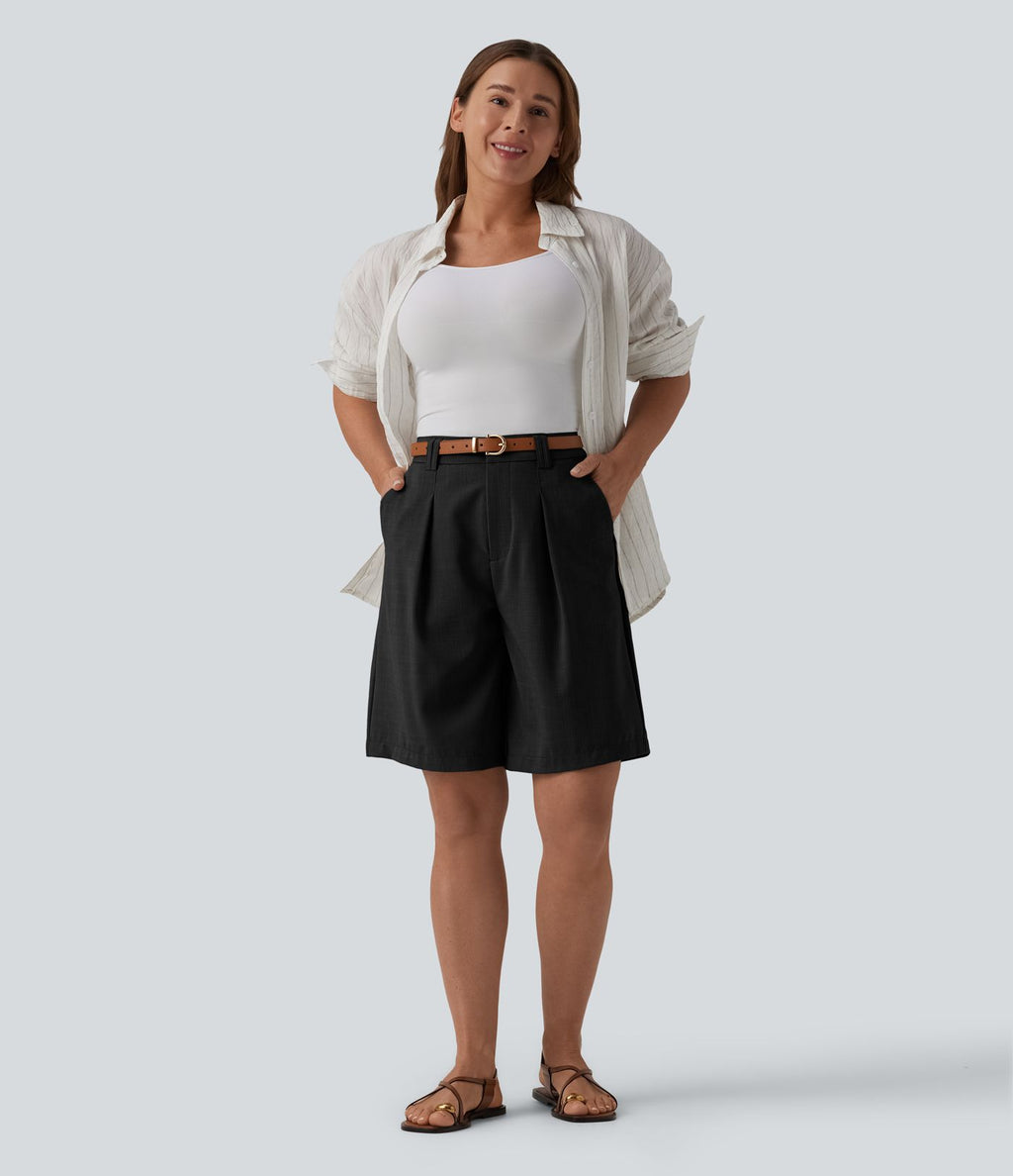 Bermuda tailleur taille haute aspect lin avec poches