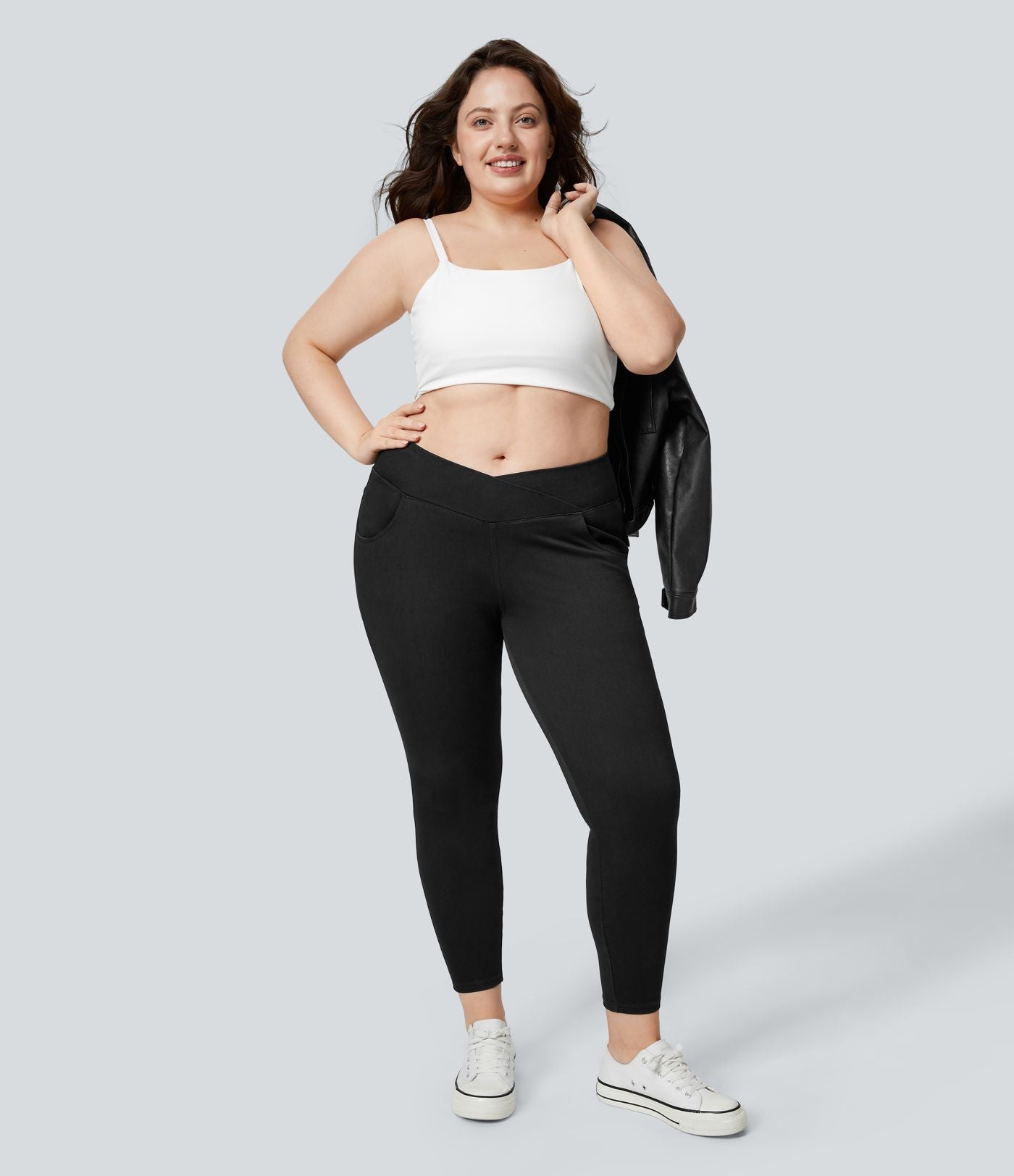 Halara Flex™ Legging Travail  7/8 Taille Croisée en Denim Tricot Extensible Taille Haute Poches Multiples Grande Taille