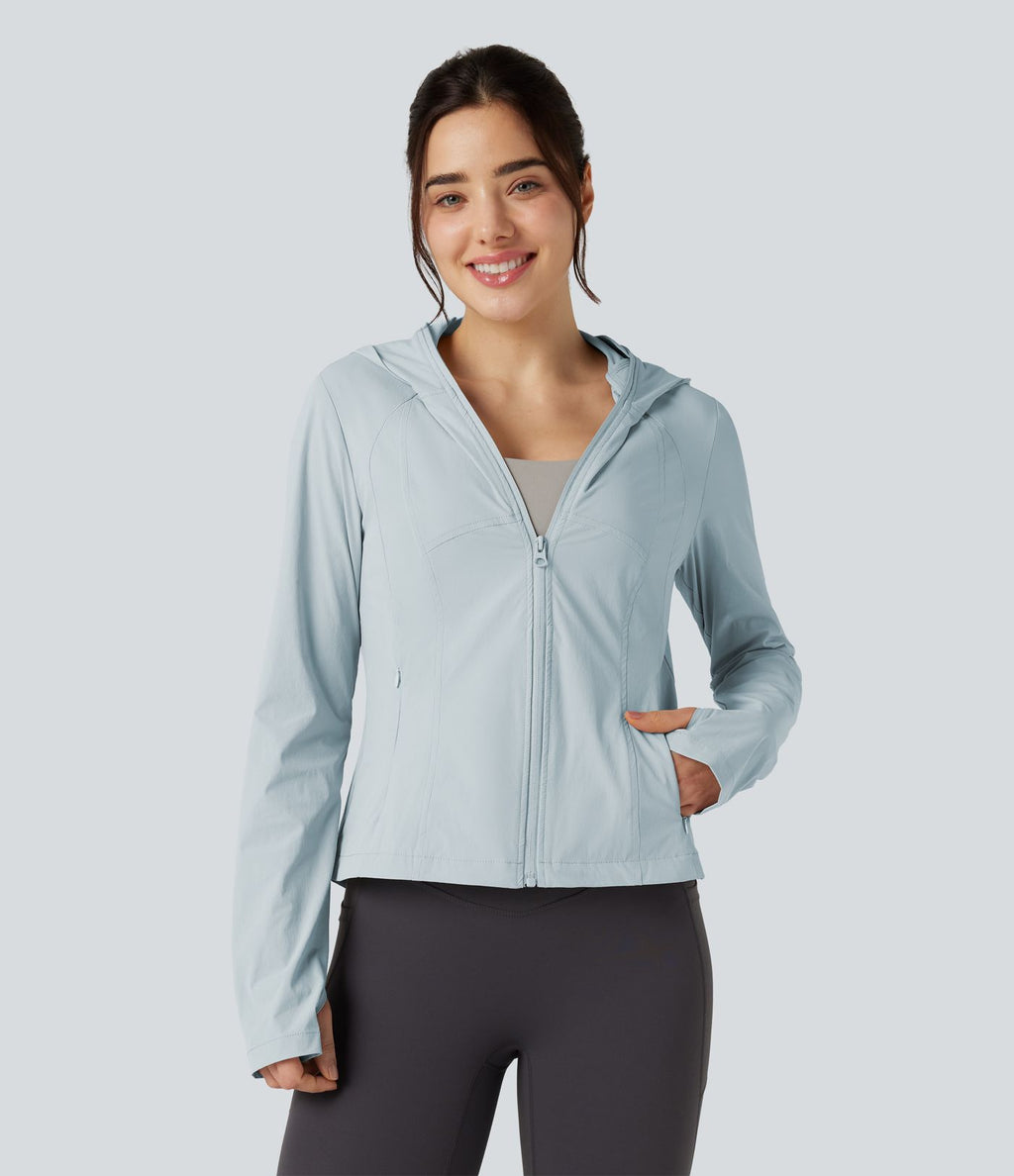 Veste de randonnée à capuche, manches longues, passants pouces et zip avec poches - UPF40+