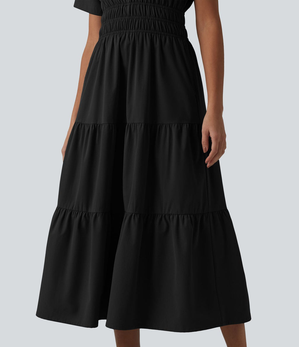 Robe-chemise midi fluide et décontractée en popeline extensible à manches courtes et poches