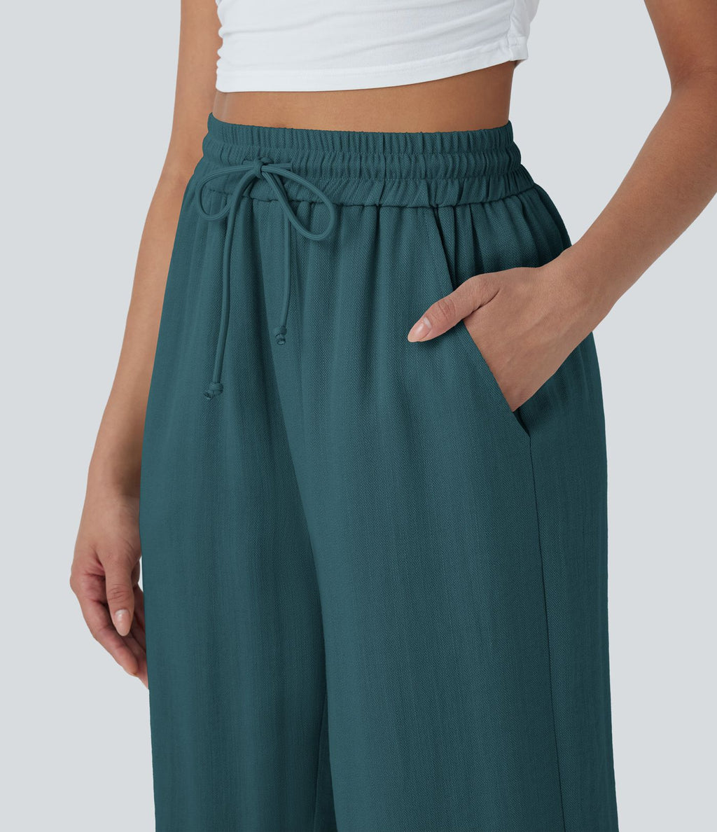 Pantalon décontracté aspect lin 7/8 à taille haute, jambe large avec cordon de serrage et poches latérales