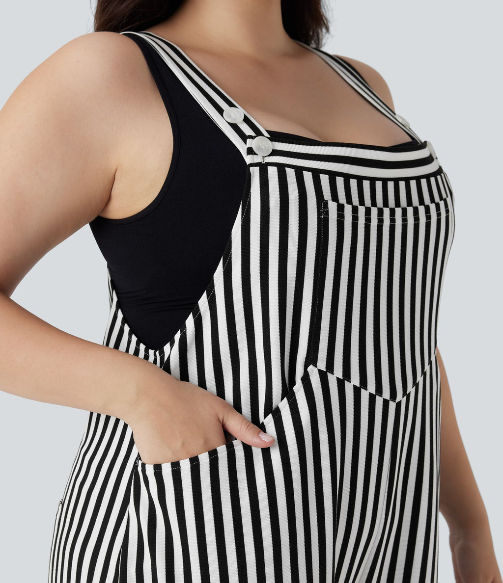 Salopette de séjour grande taille tissu gaufré rayée à bretelles ajustables avec boutons et multiples poches