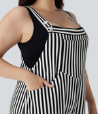 Salopette de séjour grande taille tissu gaufré rayée à bretelles ajustables avec boutons et multiples poches