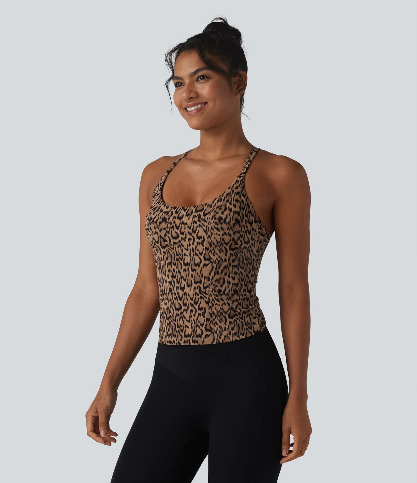 Halara UltraSculpt™ Débardeur de yoga imprimé léopard col rond échancré soutien-gorge intégré ourlet croisé