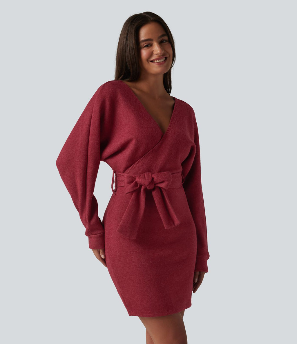 Robe courte décontractée col V croisé manches chauve-souris ceinturée
