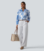 Blouse habillée col V manches longues imprimé tropical botanique