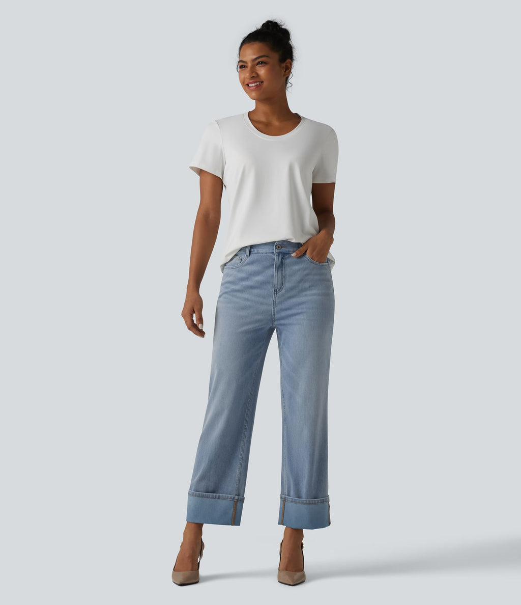 Jean coupe droite Halara Flex™ délavé décontracté, taille haute, à revers, à poches