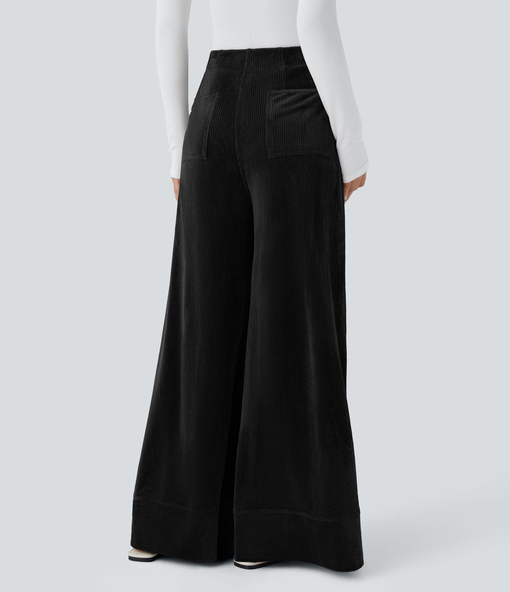 Pantalon de palazzo décontracté en velours côtelé taille haute à plis avec poches multiples