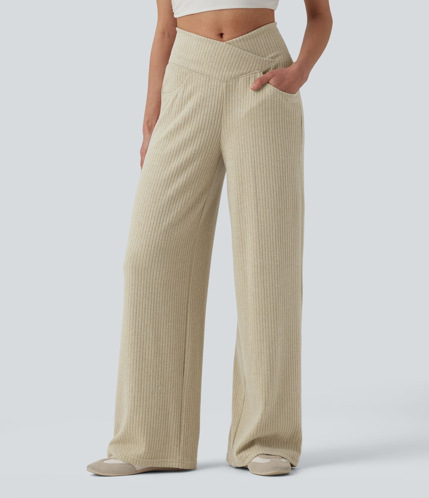 Pantalon droit décontracté côtelé croisé gainant taille haute avec poches