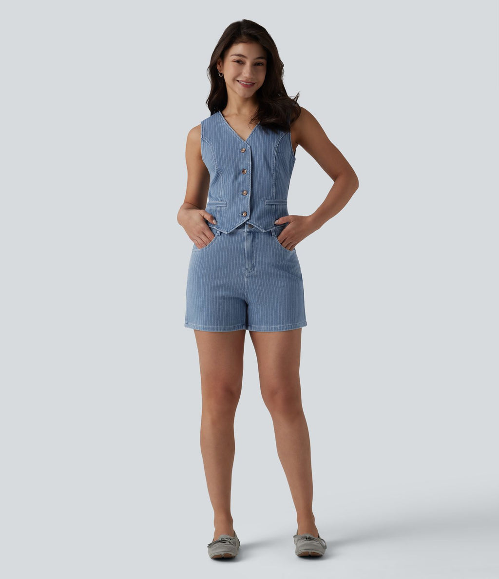 Short denim décontracté Halara Flex™ rayé taille mi-haute 10 cm avec poches