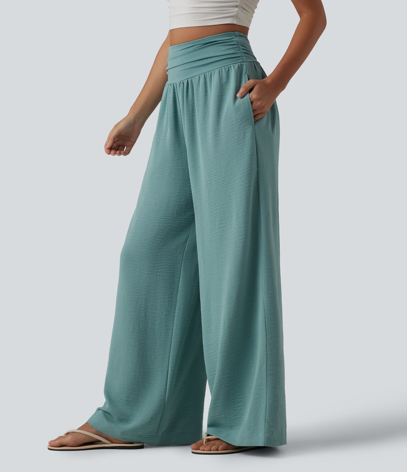 Pantalon ample taille haute ventre plat aspect lin avec fronces et poches