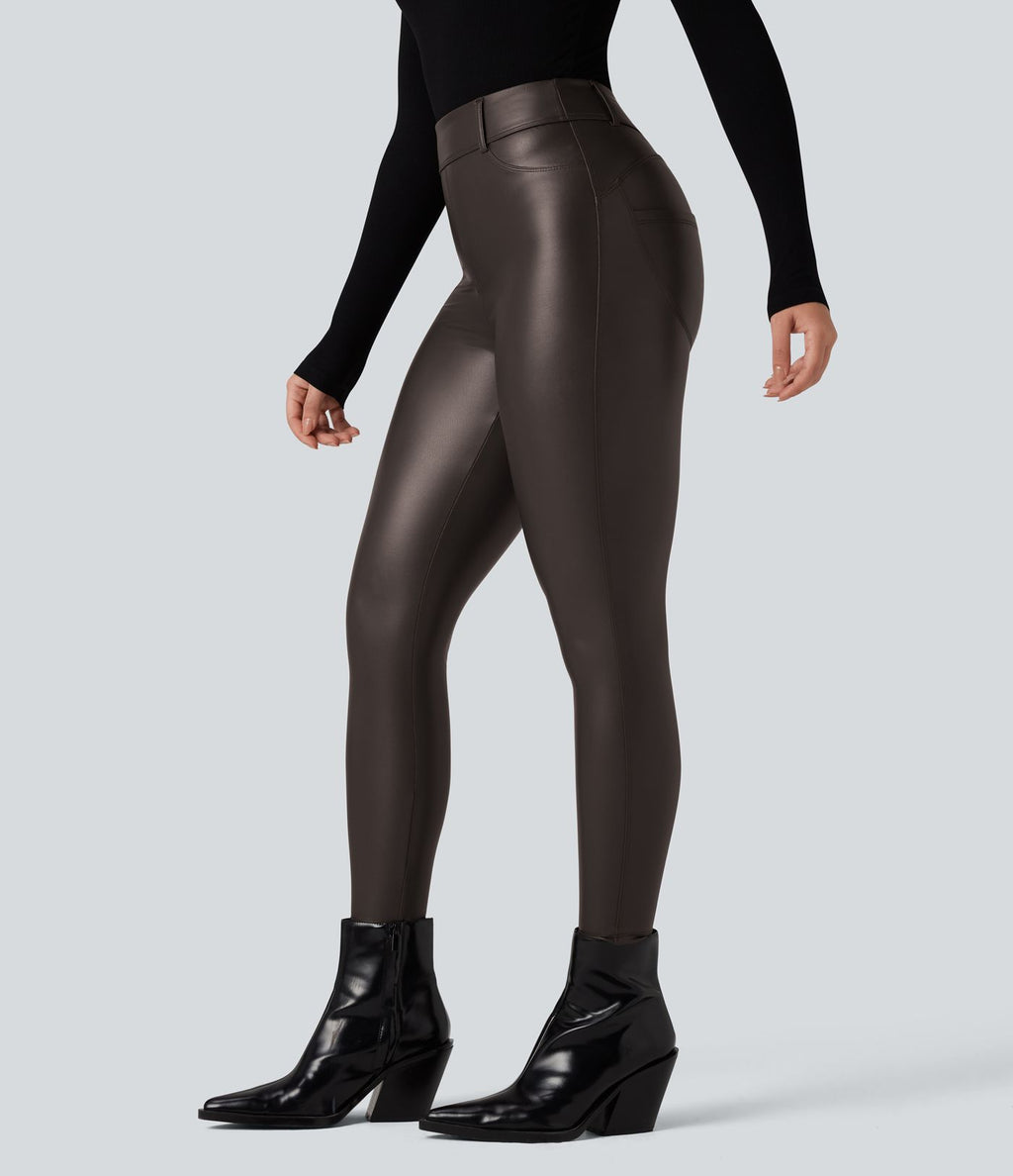 Pantalon polaire simili cuir extensible taille haute avec poches