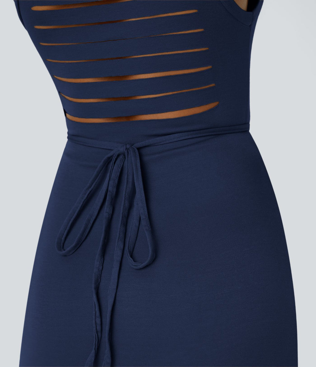 Robe Casual Midi 2 Pièces Capuche Col Montant Sans Manches Fendue avec Découpe Dos Nœud Côtelée
