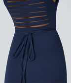 Robe Casual Midi 2 Pièces Capuche Col Montant Sans Manches Fendue avec Découpe Dos Nœud Côtelée