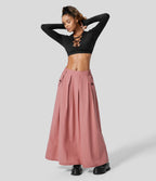 Jupe Casual Maxi Évasée à Taille Haute avec Plis et Poches Latérales Effet Lin