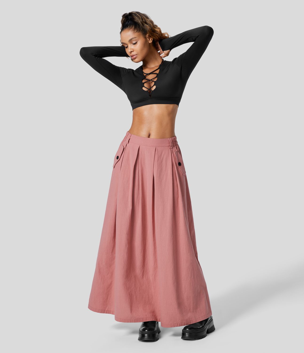 Jupe Casual Maxi Évasée à Taille Haute avec Plis et Poches Latérales Effet Lin