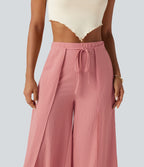 Pantalon ample fluide effet lin taille haute avec laçage