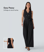 Combinaison tailleur sans manches à col V, ceinturée, avec zip invisible, rayures et effet frais avec poches, accès facile Easy Peasy