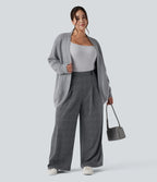 Pantalon décontracté grande taille large taille haute à carreaux pied-de-poule avec poches