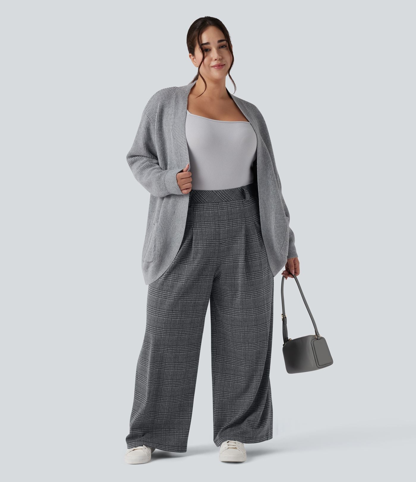 Pantalon décontracté grande taille large taille haute à carreaux pied-de-poule avec poches