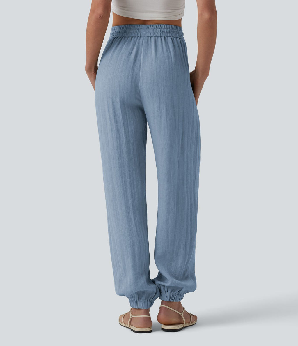 Jogging casual large ample taille haute aspect lin à cordon de serrage avec poches