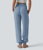 Jogging casual large ample taille haute aspect lin à cordon de serrage avec poches