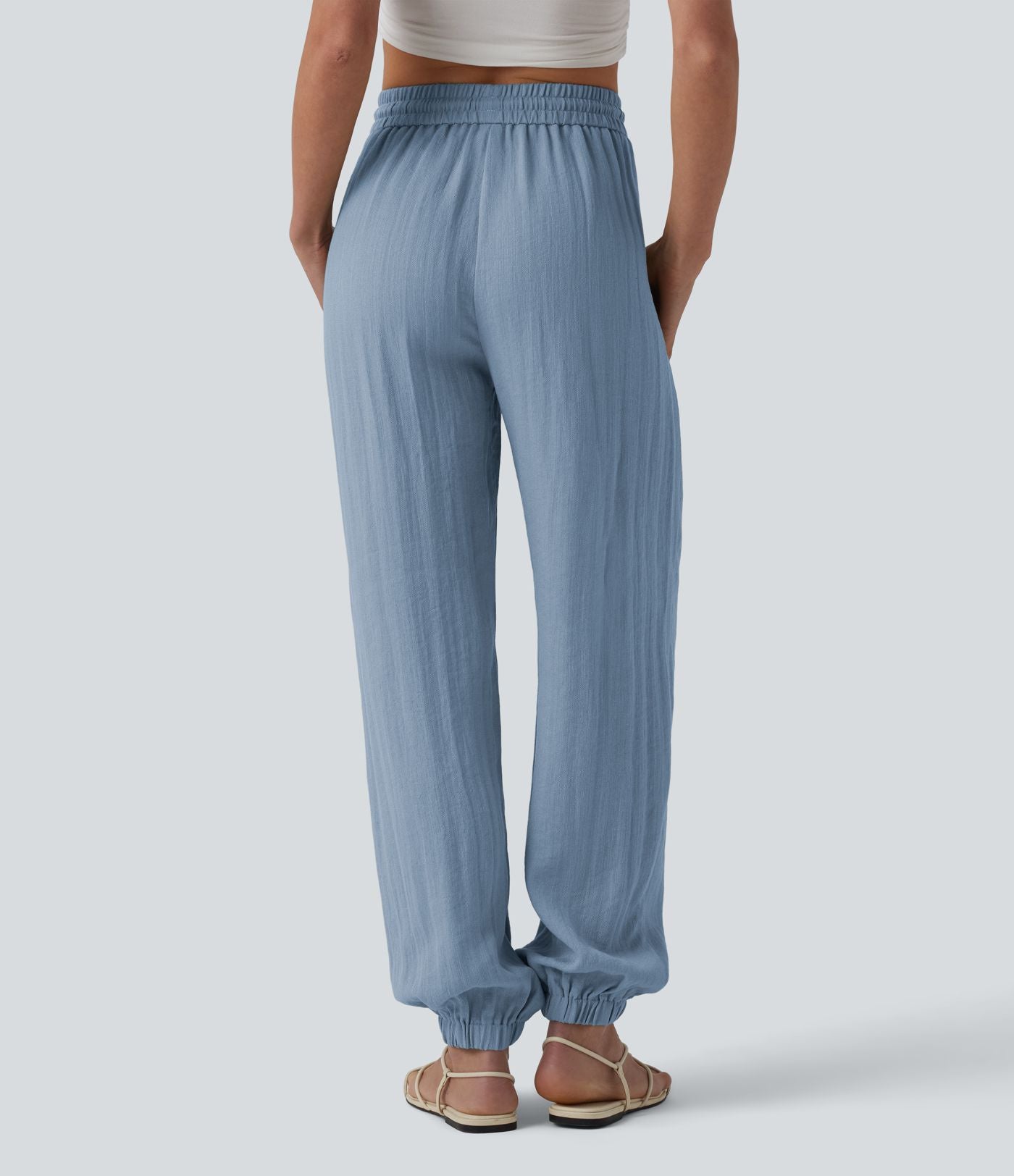 Jogging casual large ample taille haute aspect lin à cordon de serrage avec poches