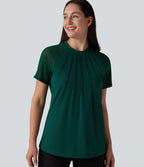 Blouse décontractée col rond manches raglan courtes avec empiècement en mesh contrasté