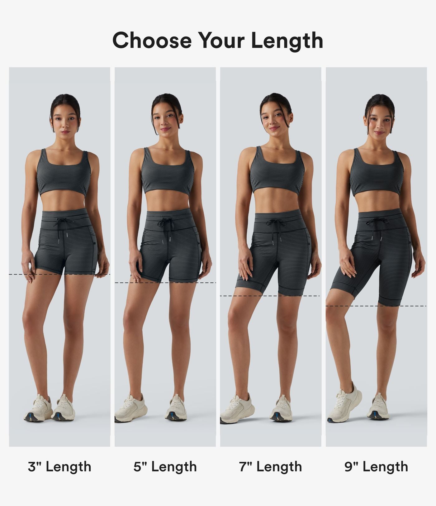 Short cycliste de yoga taille haute à rayures avec cordon de serrage 23 cm et poches