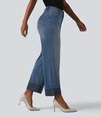 Jean coupe droite Halara Flex™ délavé décontracté, taille haute, à revers, à poches