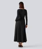 Robe mi-longue deux pièces à manches longues effet cache-cœur avec nœud au dos et poches