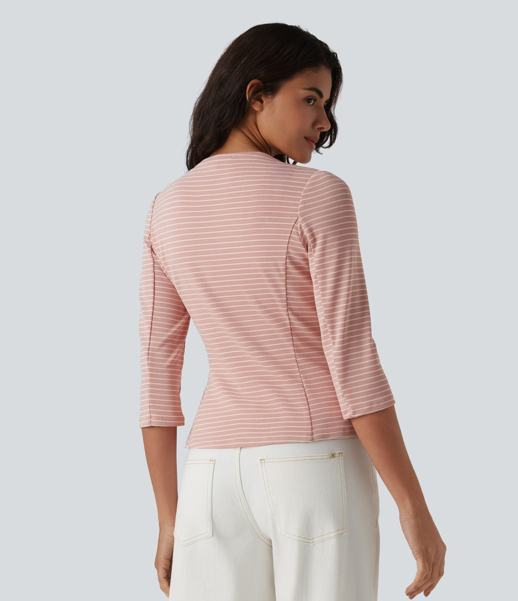 Blazer casual ouvert col V manches 3/4 à rayures en maille côtelée