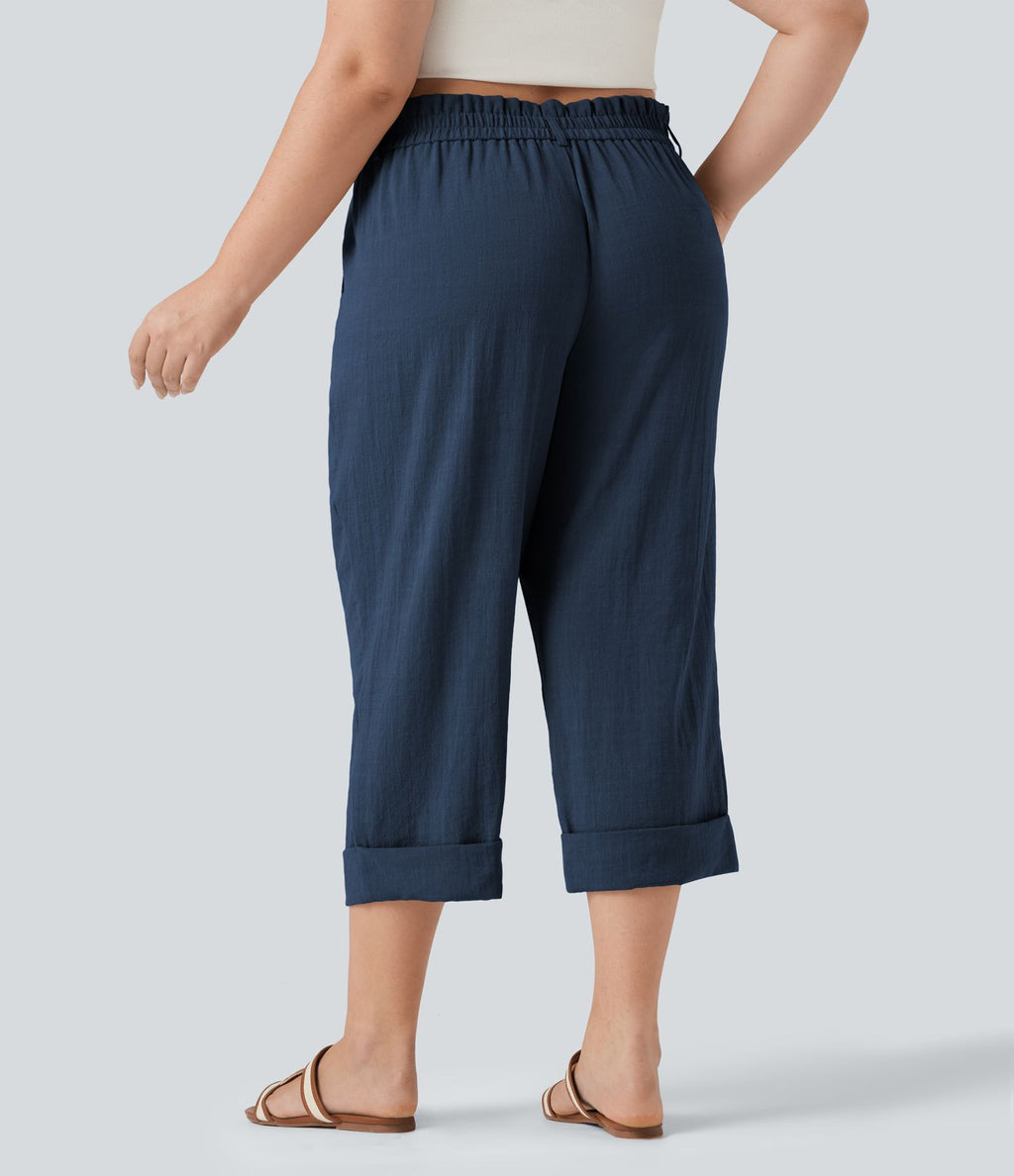 Pantalon de villégiature capri effet lin, grande taille, taille haute, avec poches