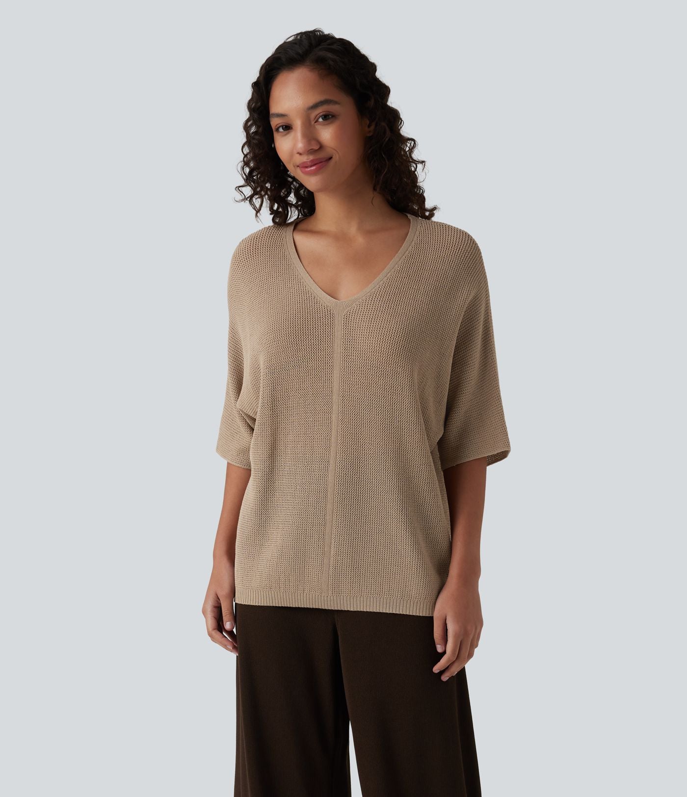 Pull décontracté col V à manches mi-longues