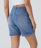 Halara Flex™ Short en denim extensible taille haute avec poches multiples, déchirures, ourlet roulotté et effet délavé