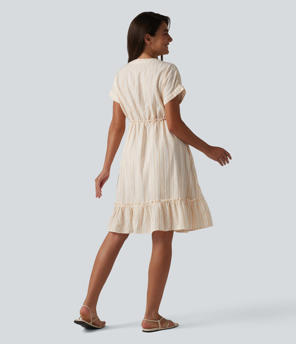 Robe décontractée mini col V manches courtes à rayures avec poches