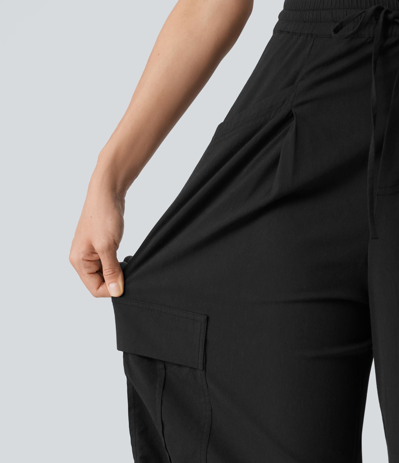 Pantalon cargo décontracté en lin extensible coupe droite taille mi-haute avec cordon de serrage et poches