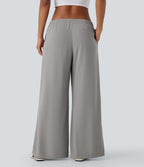Pantalon décontracté taille basse à jambes larges en tissu gaufré avec poches latérales