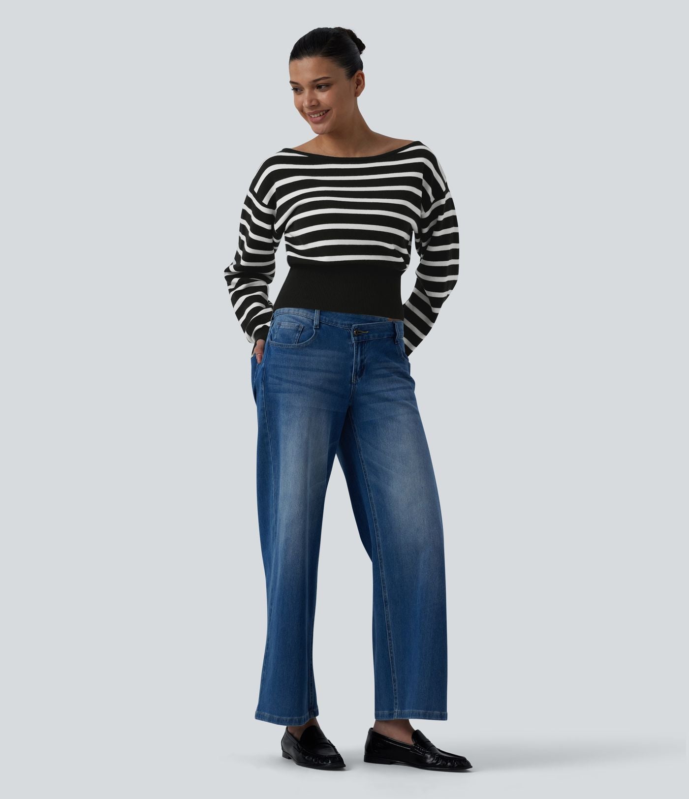 Pull casual asymétrique manches longues rayures